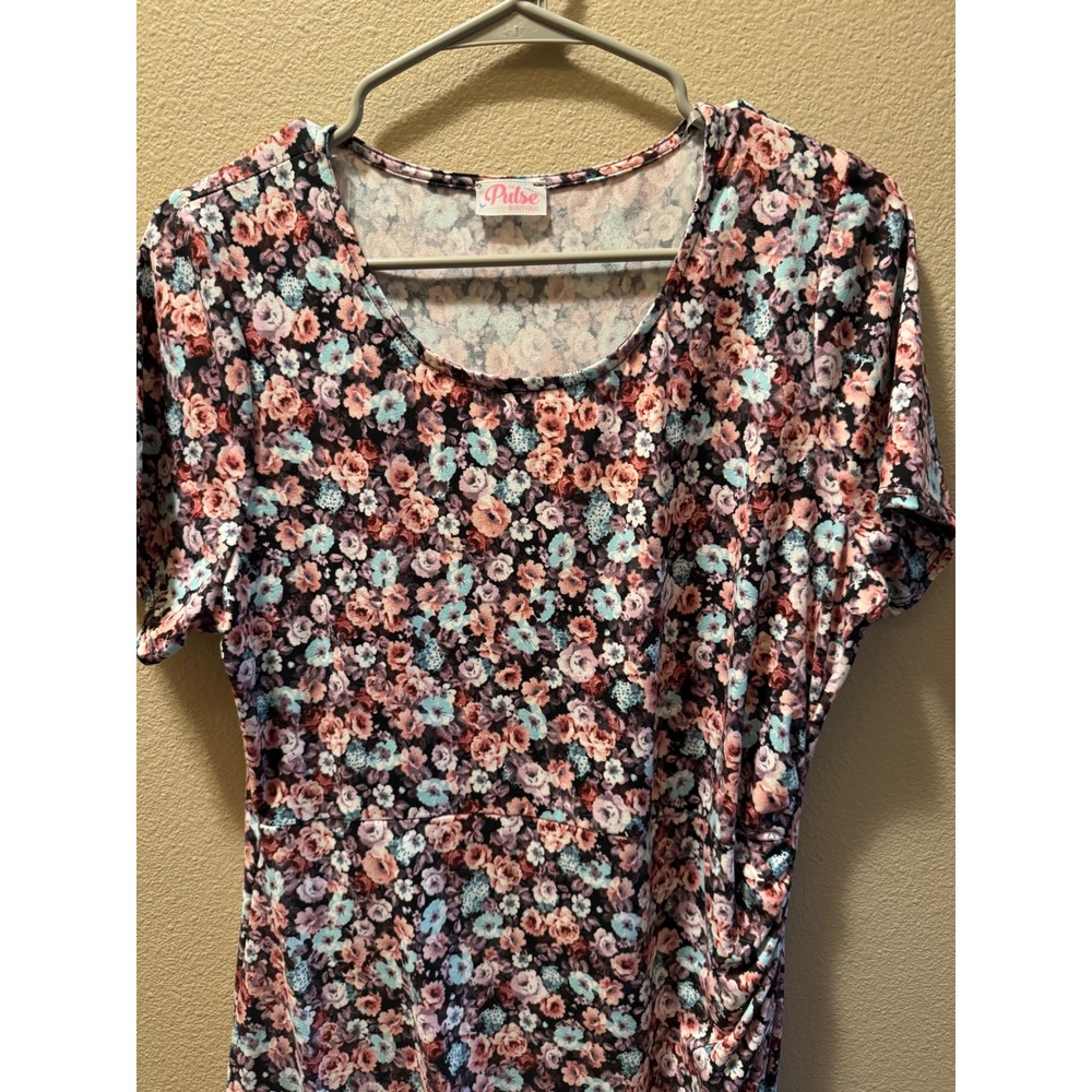 Pulse Boutique Floral Ruched Side Tulip Hem Sheath Dress Pink Blue Large P16042 - Picture 3 of 7